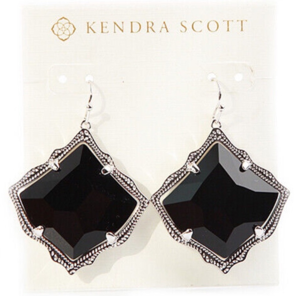 NEW Kendra Scott SILVER Framed Kirsten Black Glass Drop Earrings w/ Dust Bag